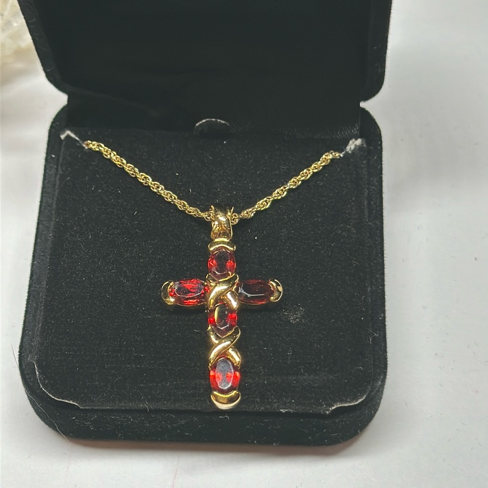Garnet gold-plated cross pendant necklace